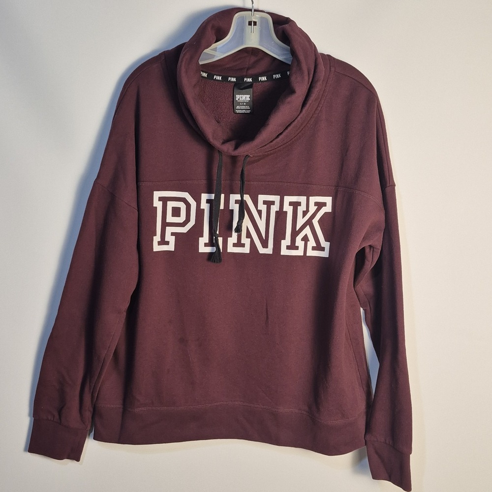 PINK by Victoria's Secret Large Maroon Cowl Neck Pullover Sweatshirt Logo